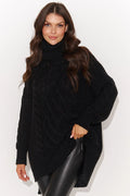 Pull féminin col roulé matériau épais motifs plaids noire manches longues coupe asymétrique fente latérale