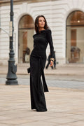 robe longue noire manches longues ajustée encolure bateau taille cintrée ceinture noeud drapé jersey extensible jupe maxi évasée