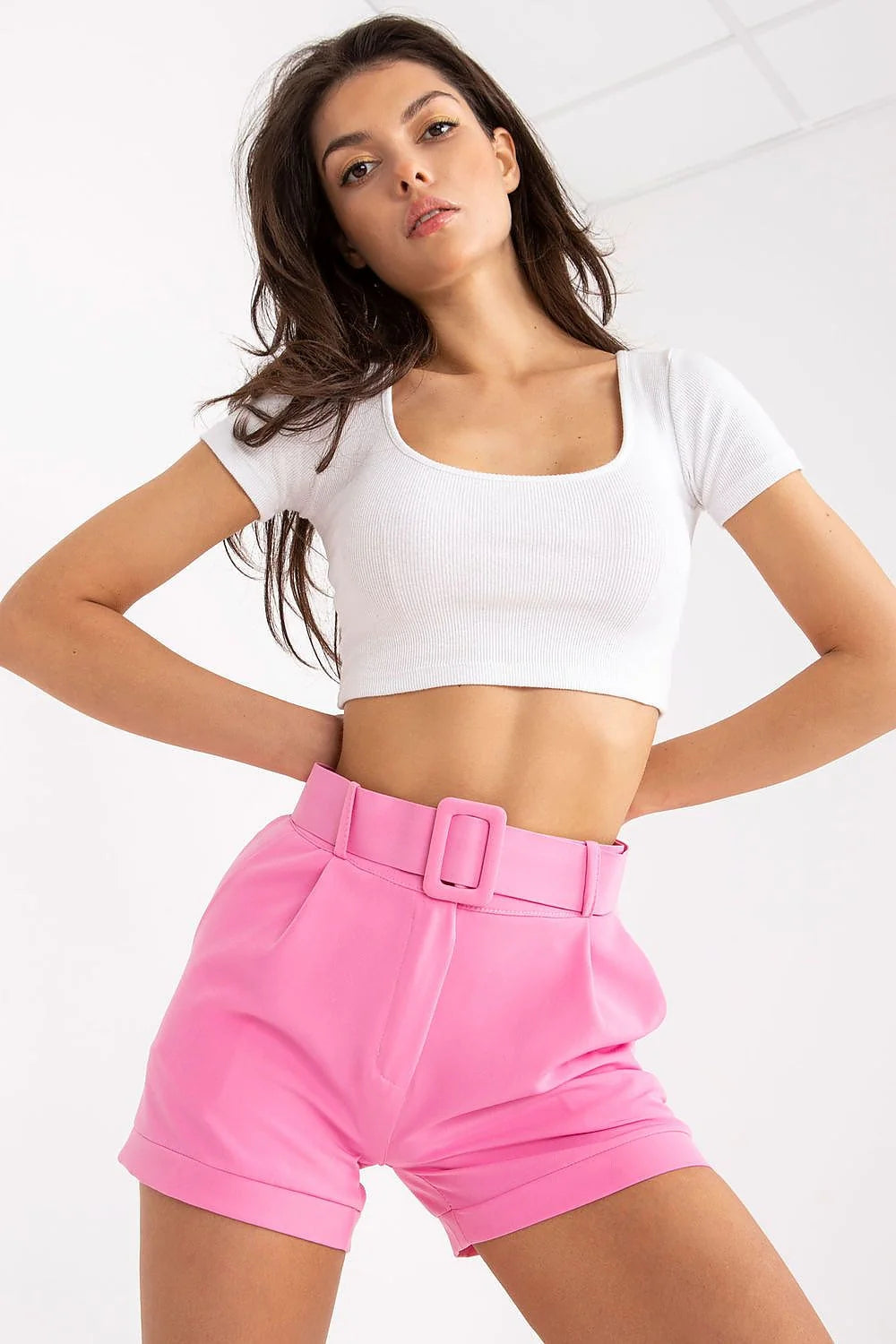 Shorts à taille haute femme mode citron vert fermeture glissière poches côtés ceinture assortie polyester élasthanne