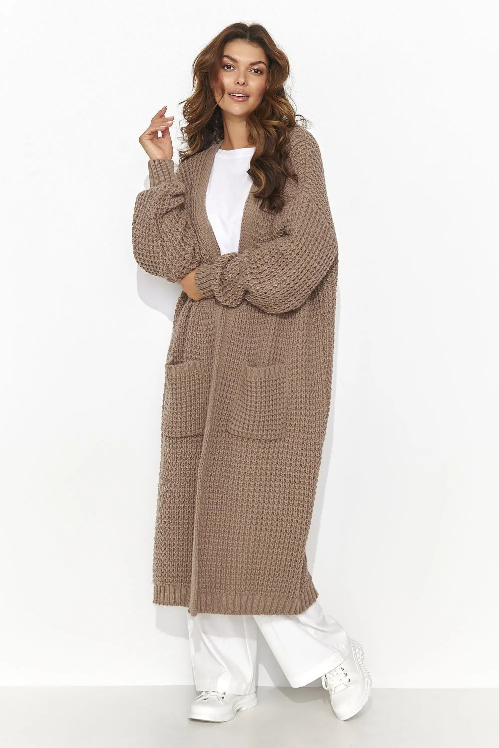 Cardigan pour femmes long maille épaisse taupe manches longues poches frontales sans boutons coupe décontractée garde-robe polyvalente