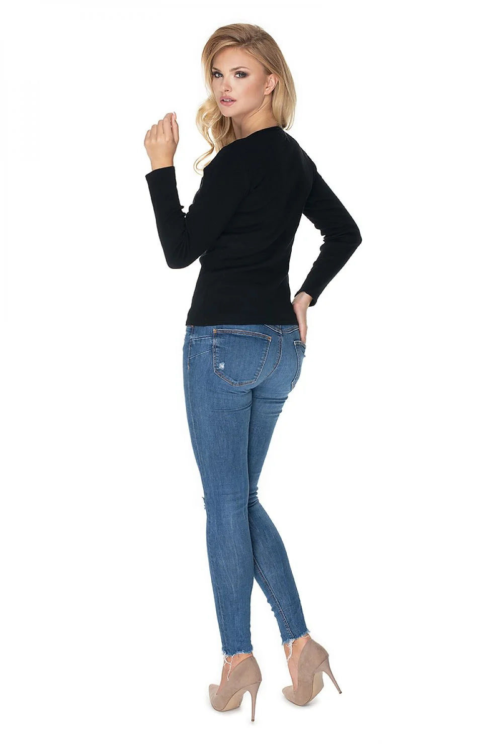 Pull femme coton élasthanne ajusté manches longues col rond élégant style minimaliste classique polyvalent