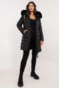 Manteau d'hiver féminin élégant en polyester duvet synthétique fourrure amovible capuche poches latérales fermeture éclair longueur genoux