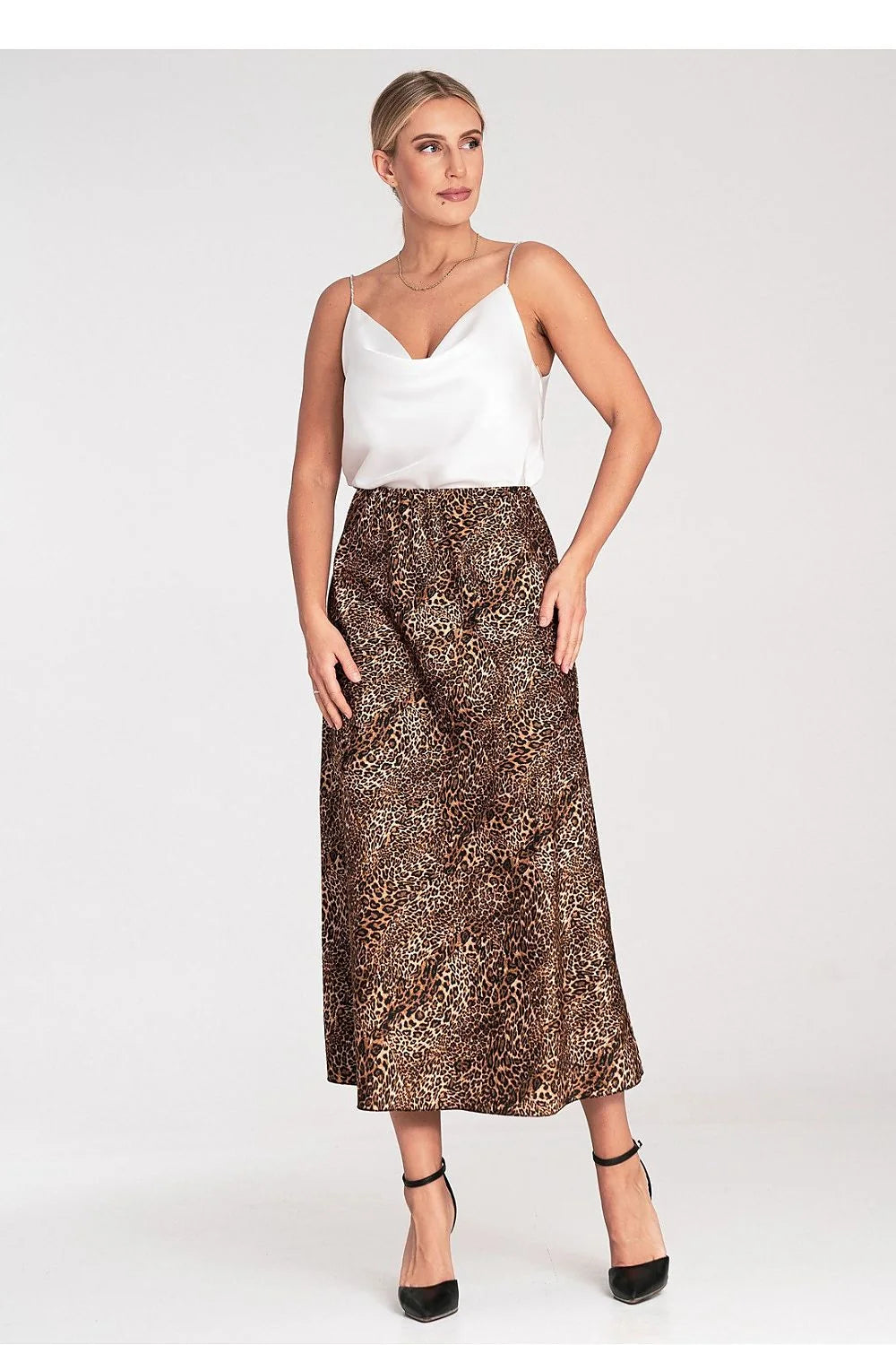 Jupe longue imprimé léopard tissu satiné élastique taille polyester 100 % coupe évasée chic soirée féminine