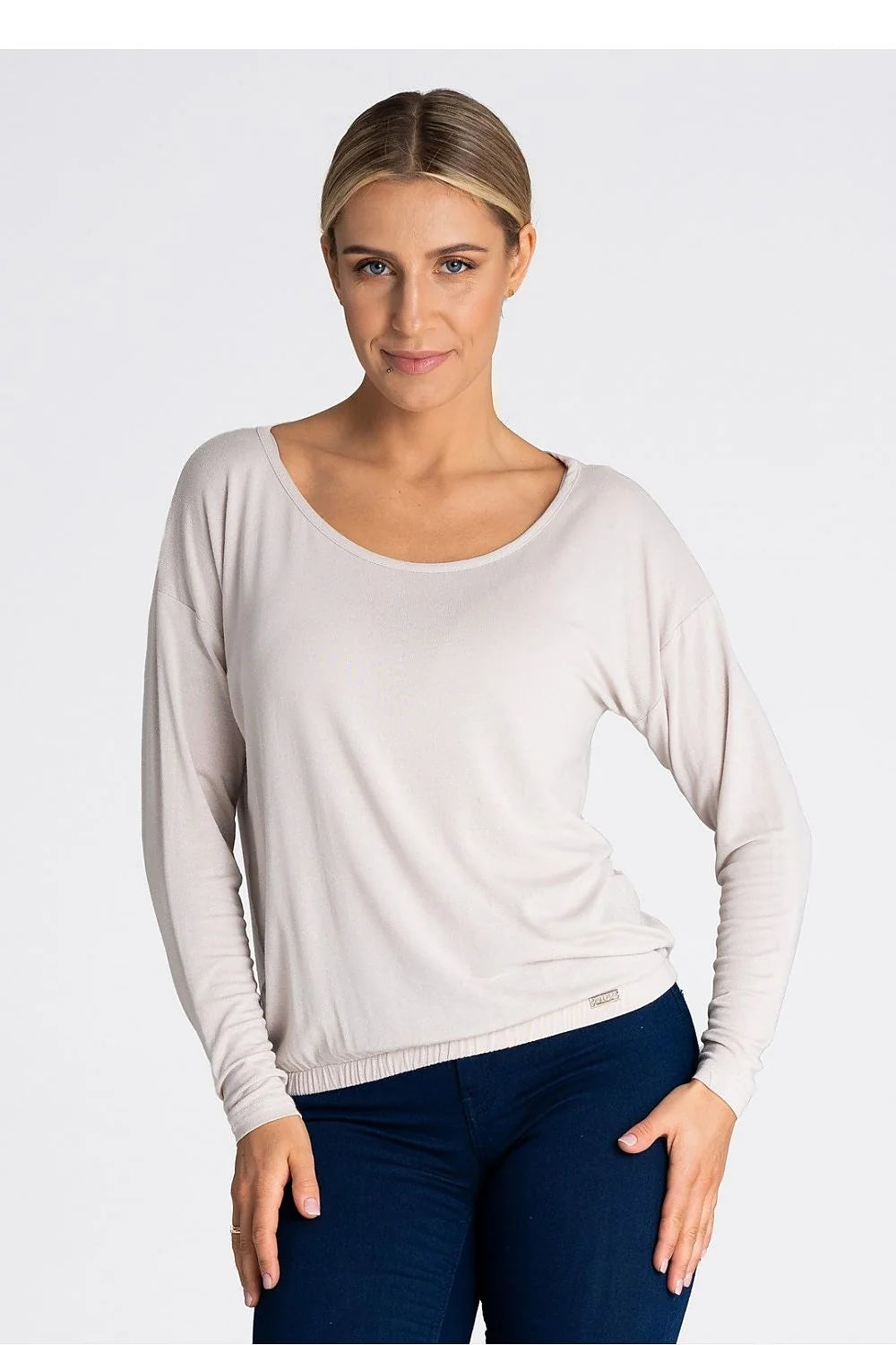 Chemisier Figl en viscose elasthanne manches longues col rond coupe ample femmes beige clair tailles S M L XL