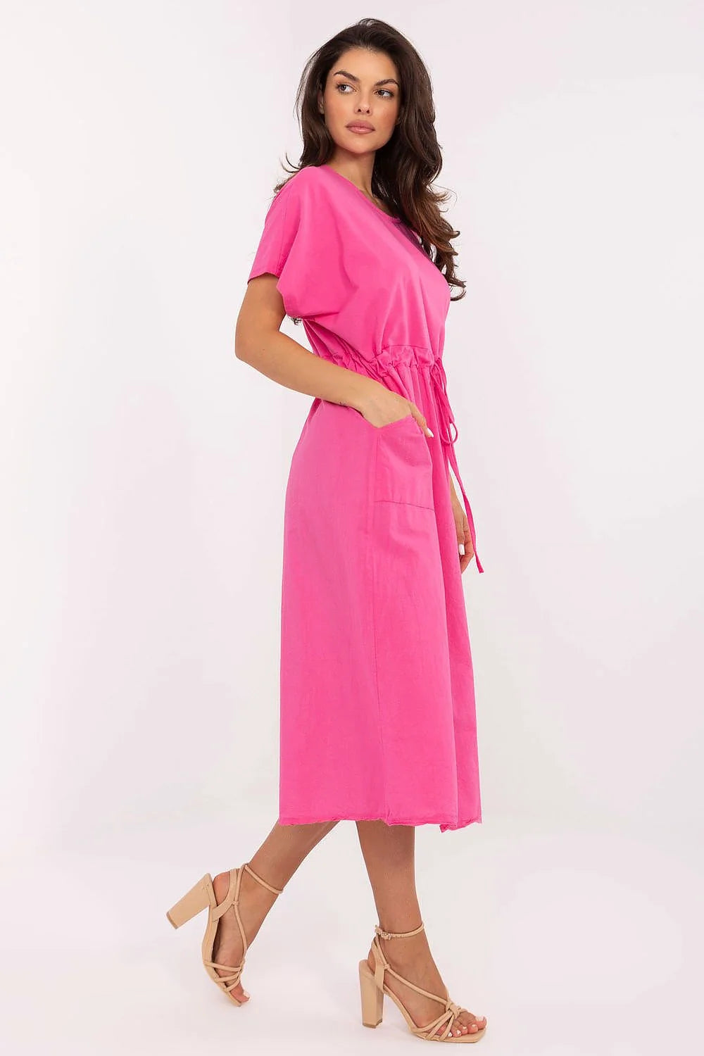 Robe d'été légère Och Bella rose vif manches courtes encolure ronde ceinture ajustable poches pratiques