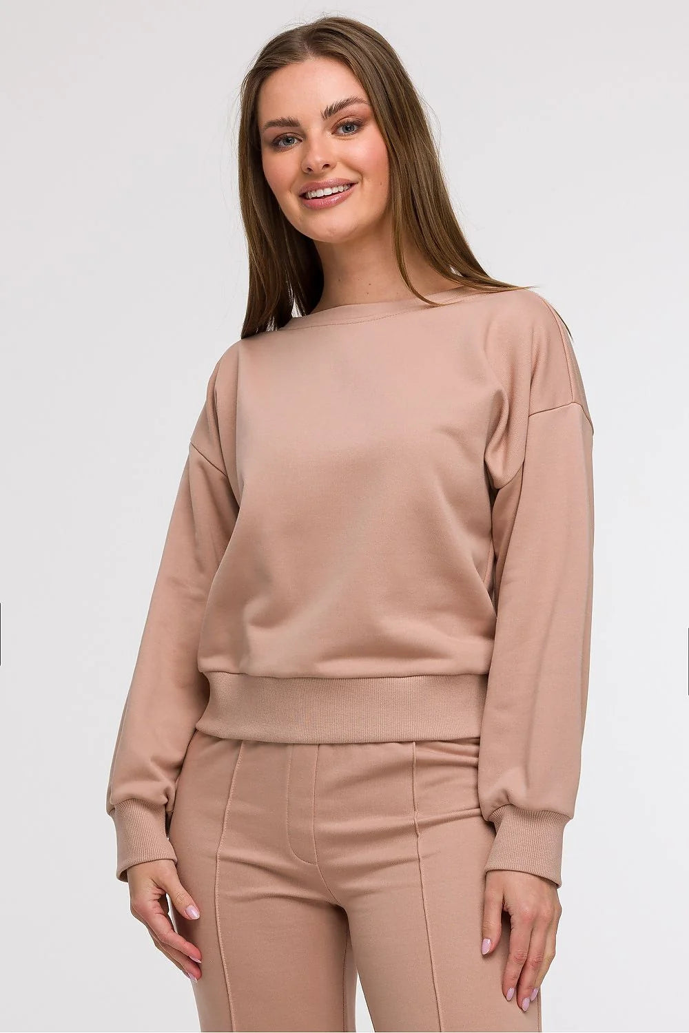 ensemble BeWear sweatshirt pantalon femme urban casual beige clair coton mélange coupe ample épaules tombantes col bateau