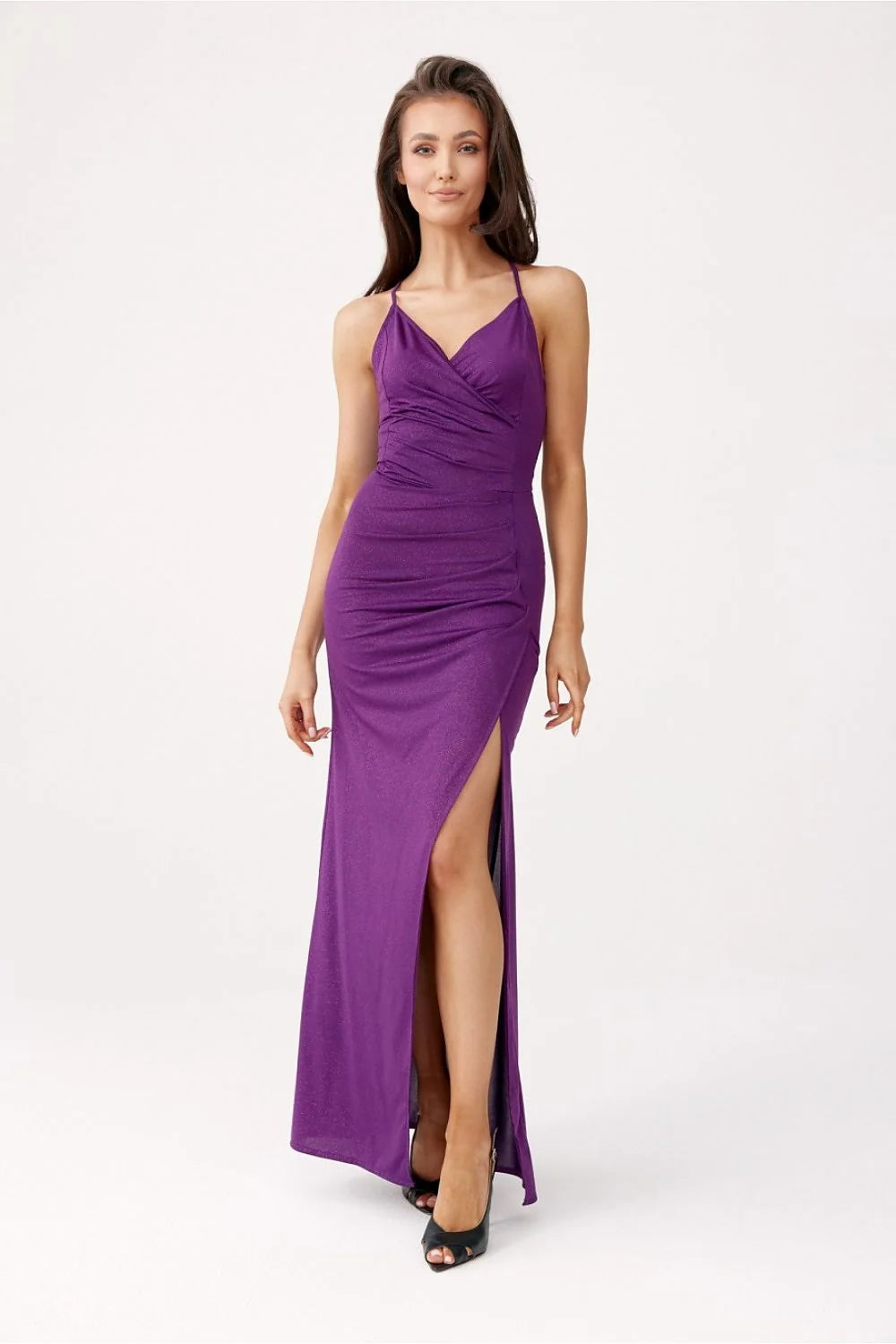 Robe de soirée élégante longue dos ouvert V-neck manches courtes fente haute matière légère élasthanne polyester femme