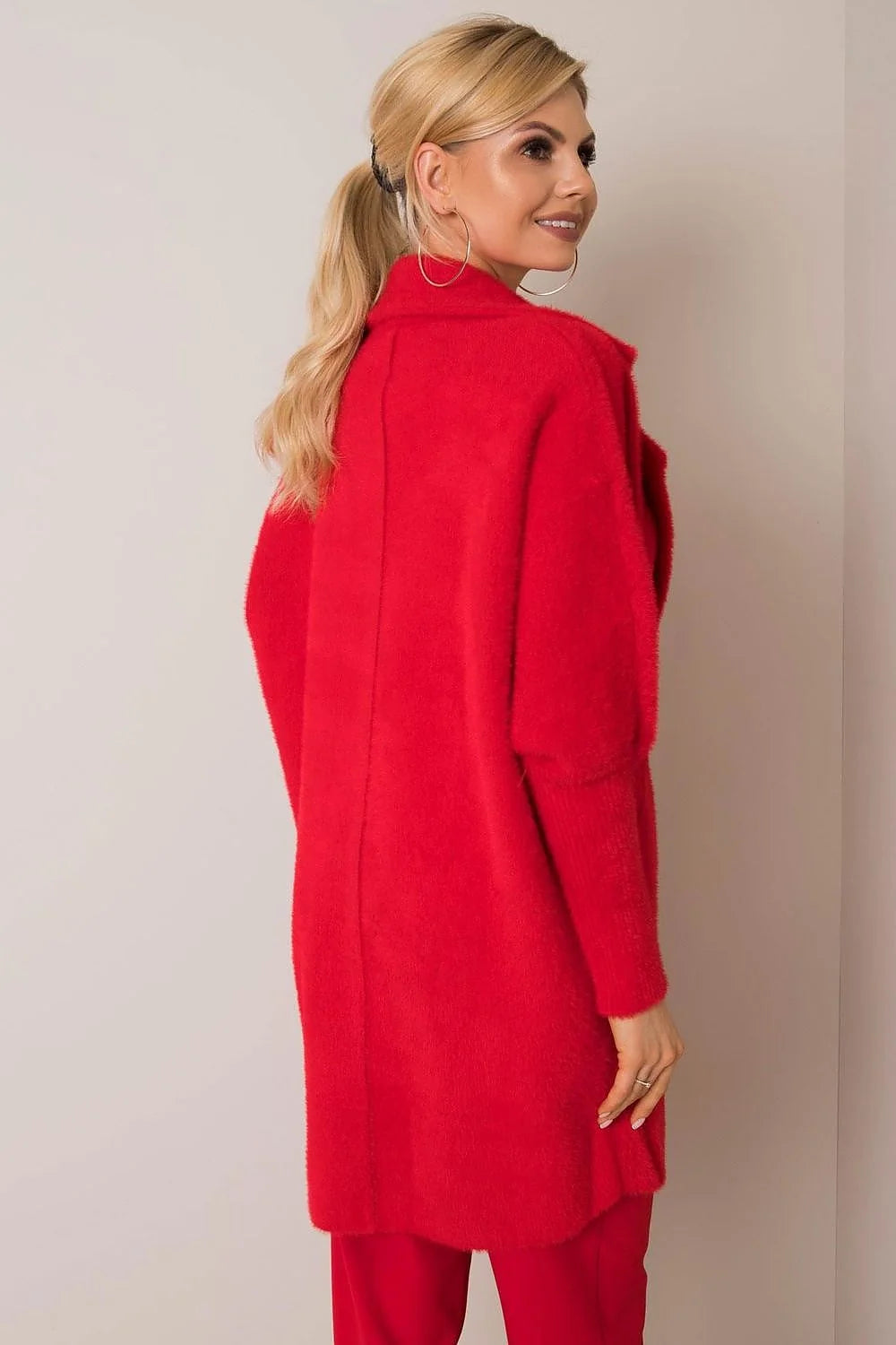 Manteau pour femme moderne élégant couleur rouge vif en mélange laine longueur universelle manches longues col revers poches coulissantes automne-hiver