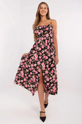 Robe bohème chic floral noir et rose longue manches courtes buste ajusté fente avant femmes