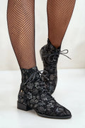 Bottines élégantes pour femmes en velours noir motifs floraux Talon bas ajustable cuir suédé Maciejka mode urbaine