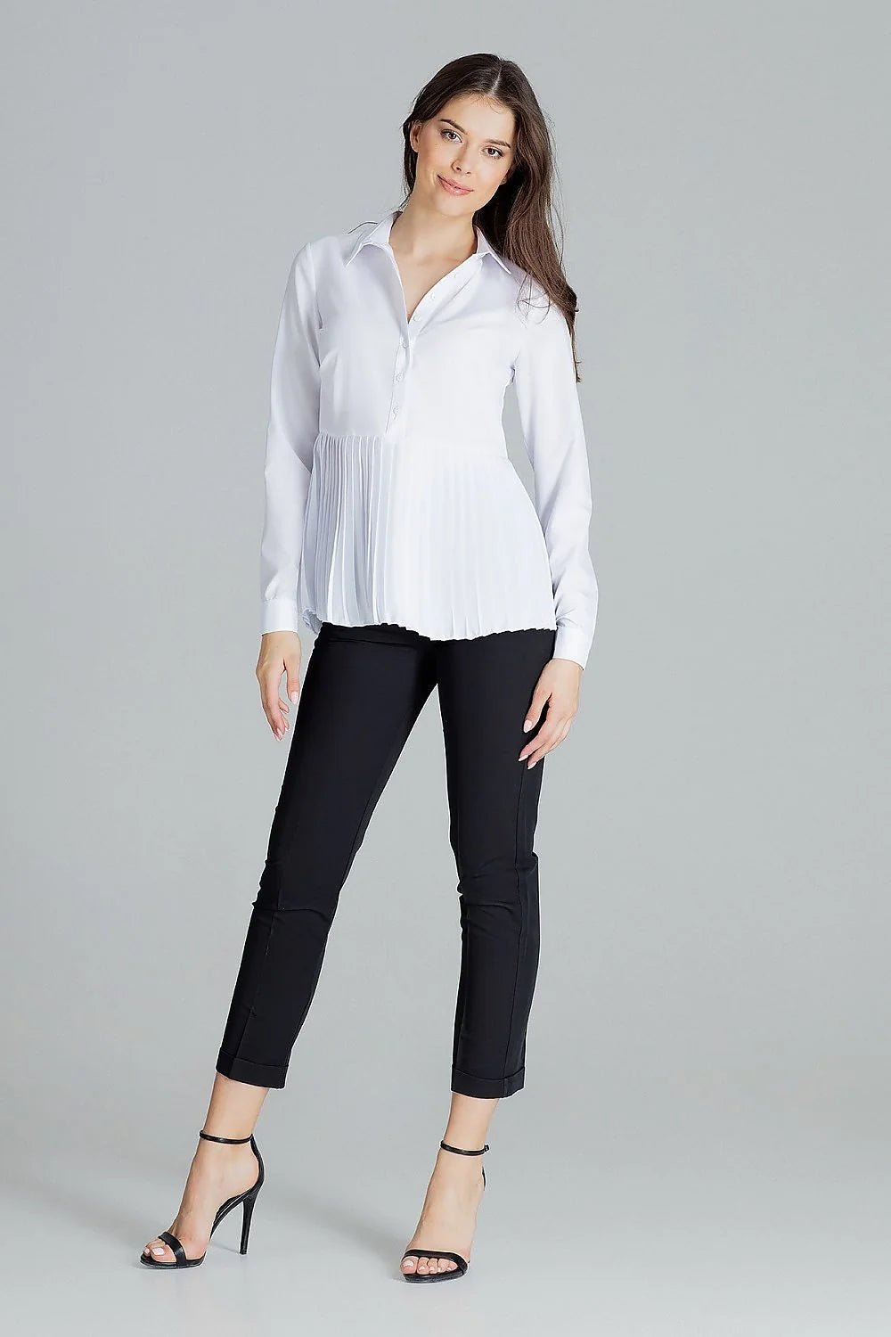 Chemisier blanc polyester élasthanne élégant manches longues plissé taille ajustable pour femmes style sophistiqué