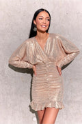 Robe de soirée élégante mini paillettes décolleté plongeant manches longues volumineuses taille ajustée femmes événements