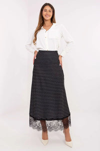 jupe longue midi taille haute noire pois blancs coupe droite evasee cheville tissu crepe dentelle elastique confortable elegante