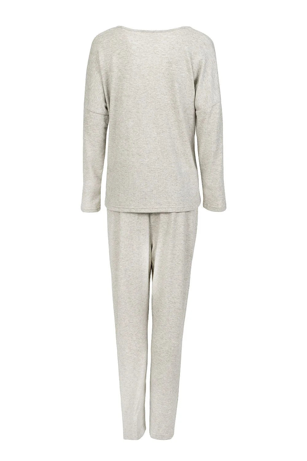 Pyjama femme 2 pièces, Momenti Per Me, coupe oversize, manches longues, col V, pantalon slim, élastique, couleur grise claire, homewear élégant, confort maximal, idéal détente à domicile