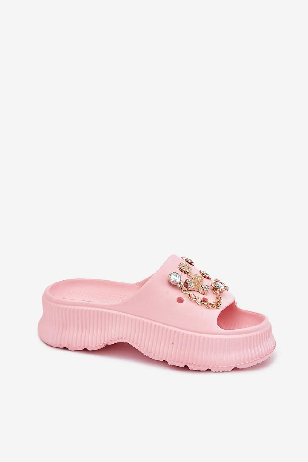 Sandales femme en mousse et caoutchouc rose pâle, plateforme 4 cm, style élégant et casual, détails métalliques dorés, parfaites pour les vacances plage ou piscine