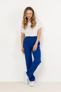 Pantalon femme AWAMA longueur classique couleur bleu vif en polyester coupe droite高 taille ajustable fermeture à glissière et boutons