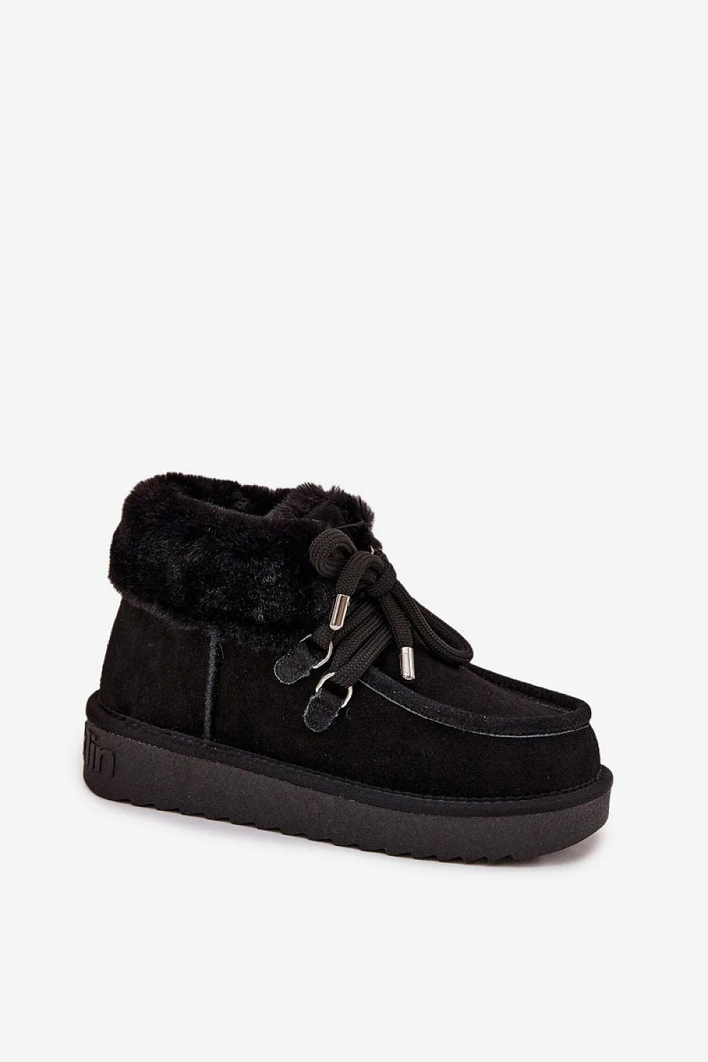 bottines neige femme suédine synthétique noir fourrées fausse fourrure cheville bordé lacets larges œillets métalliques plateforme crantée antidérapante semelle caoutchouc