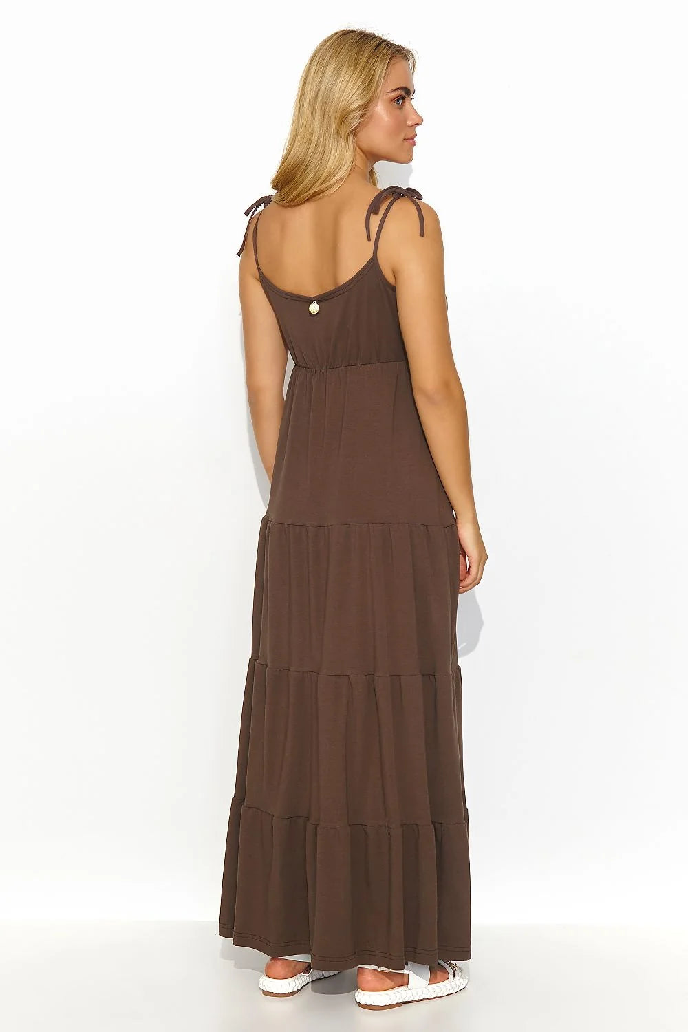 robe maxi femme marron chocolat bretelles fines réglables nouées col V croisé taille empire jersey léger jupe longue