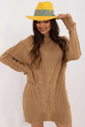 Pull long oversize Badu en maille torsadée couleur camel pour femme, acrylique 80% polyester 15%
