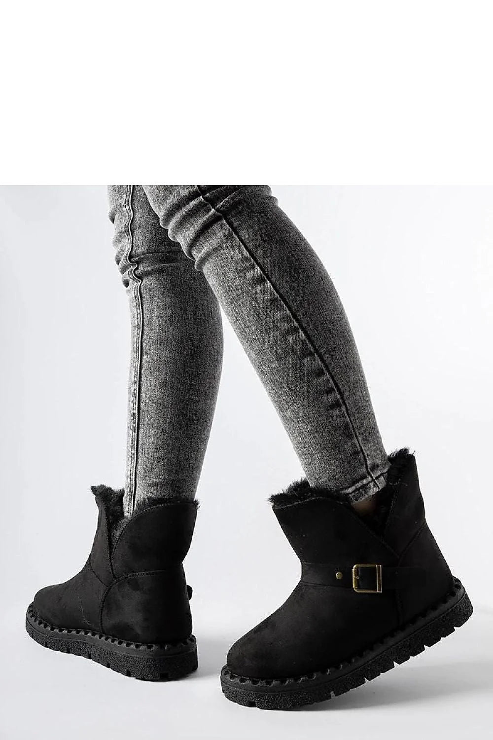 Bottines de neige pour femmes style Chelsea en suède noir doublure fourrure synthétique talon compensé boucle dorée