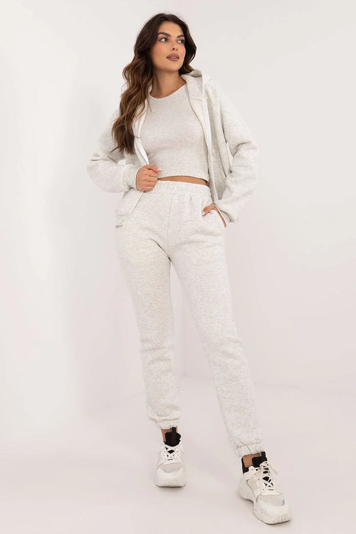 Ensemble de survêtements pour femmes en coton et polyester, style casual sportif, couleur grise claire, pantalon taille haute, hoodie zippé, crop-top ajusté