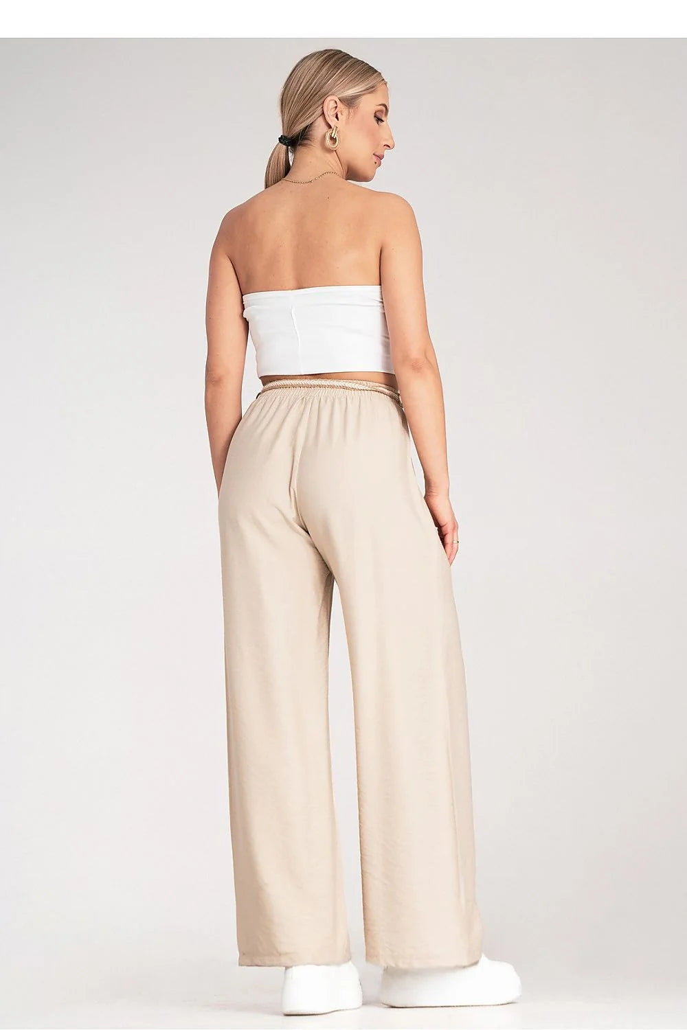 Pantalon femme viscose taille élastique bohème ceinture tressée couleur beige clair longueur pleine coupe large femme