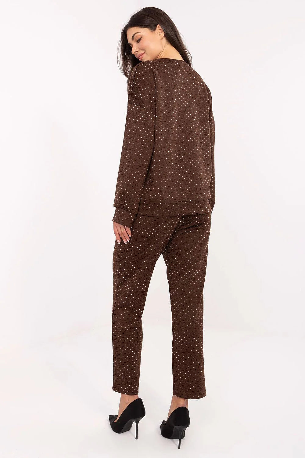 ensemble femme deux pièces loungewear chocolat pois blancs strass viscose polyester doux extensible sweat col rond pantalon taille haute