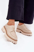 mocassins femme BiStar cuir écologique grainé beige lacets bout rond surpiqûres semelle plateforme crantée épaisse trépointe marron confort