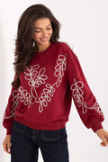 sweatshirt femme bordeaux molleton coton élasthanne col rond manches longues bouffantes broderie blanche contrastée poignets côtelés coupe décontractée