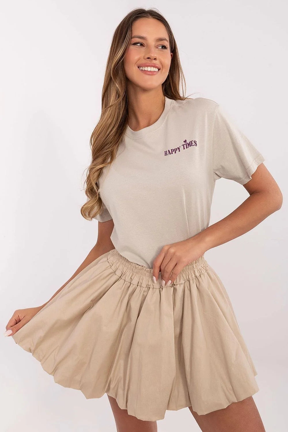 T-shirt et jupe femme ensemble casual été crème beige coton légère coupe droite évasée