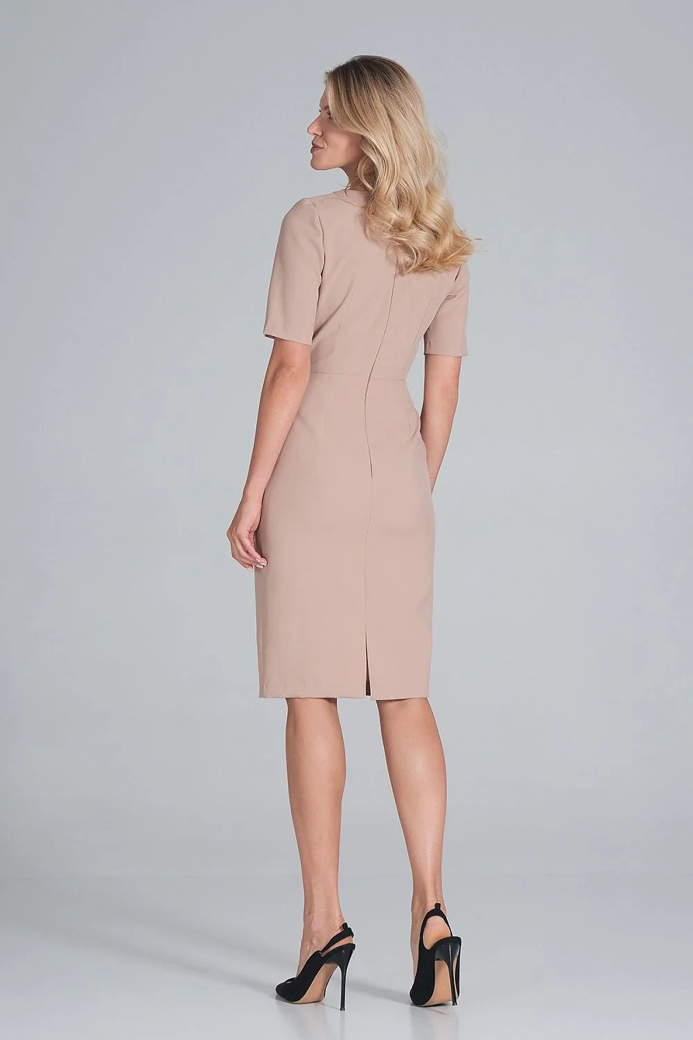 Robe élégante bleu marine polyester manches courtes col V ajustée professionnelle femme mode chic