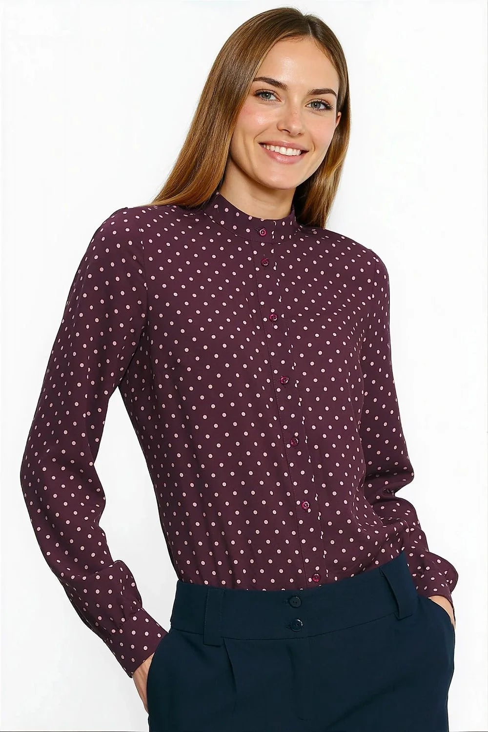 chemise manches longues col mao imprimé pois bordeaux rose pâle viscose légère coupe droite légèrement fluide poignets boutonnés boutons tonalité