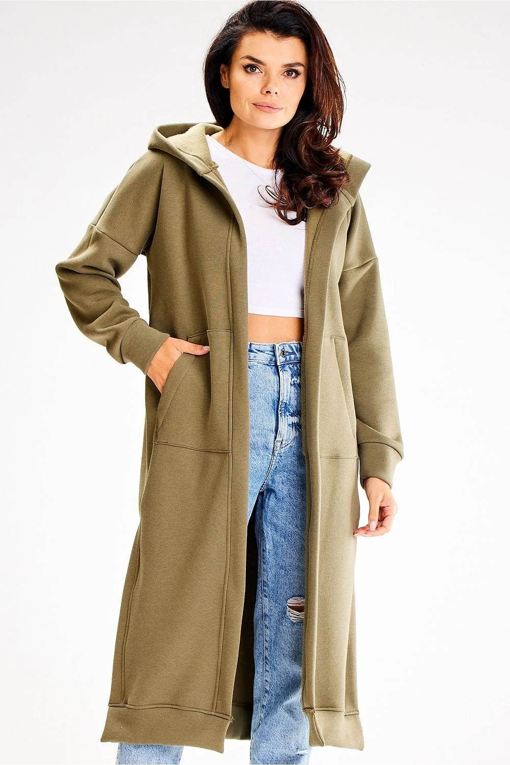 manteau long ample capuche large poches kangourou coton polyester molletonné chaud doux coupe droite manches raglan kaki olive décontracté