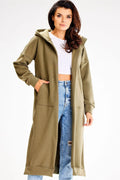 manteau long ample capuche large poches kangourou coton polyester molletonné chaud doux coupe droite manches raglan kaki olive décontracté