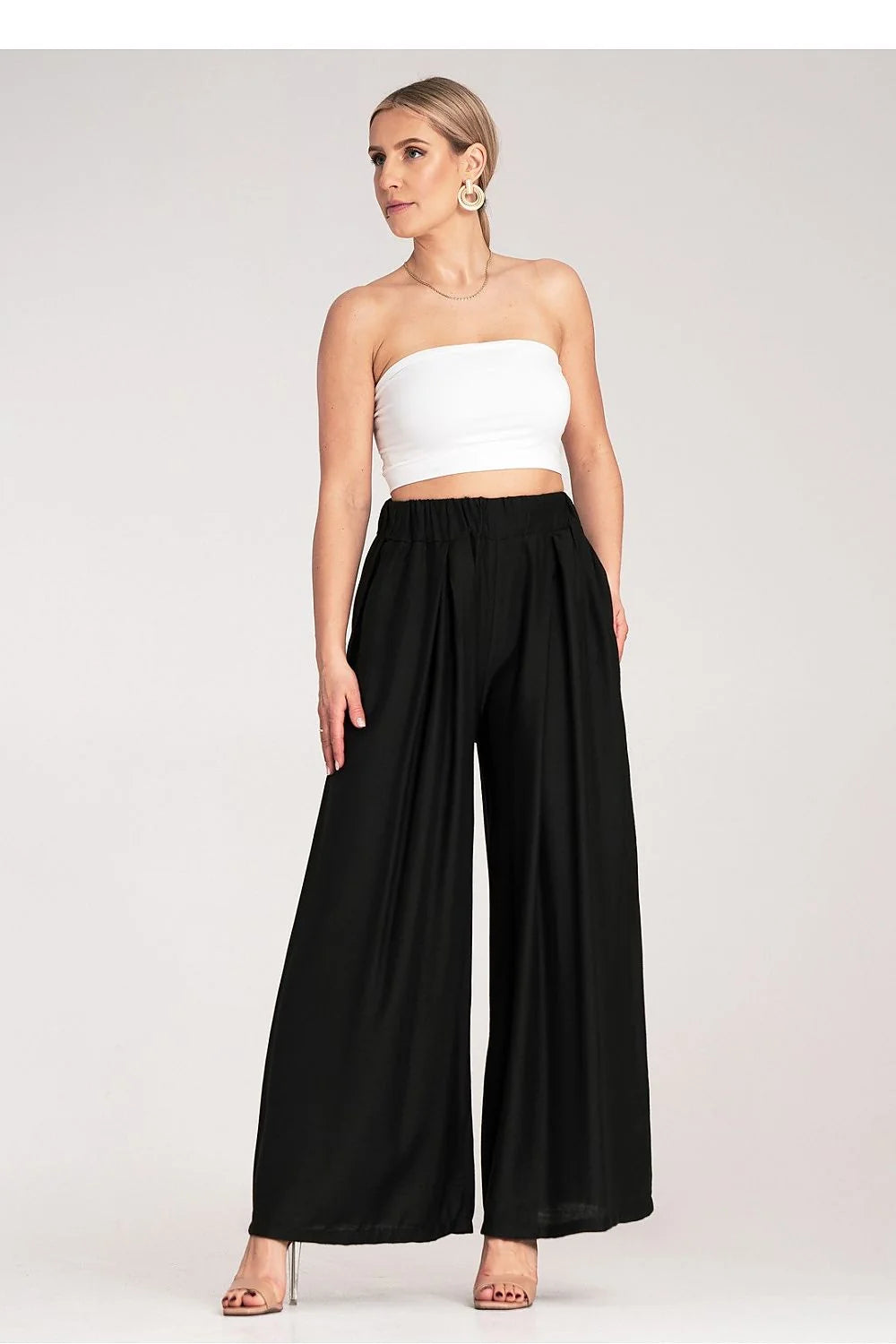 Pantalon femme large à plis tissu léger tailleur taille haute ceinture élastique viscose 95% elasthane 5% occasion été décontractée