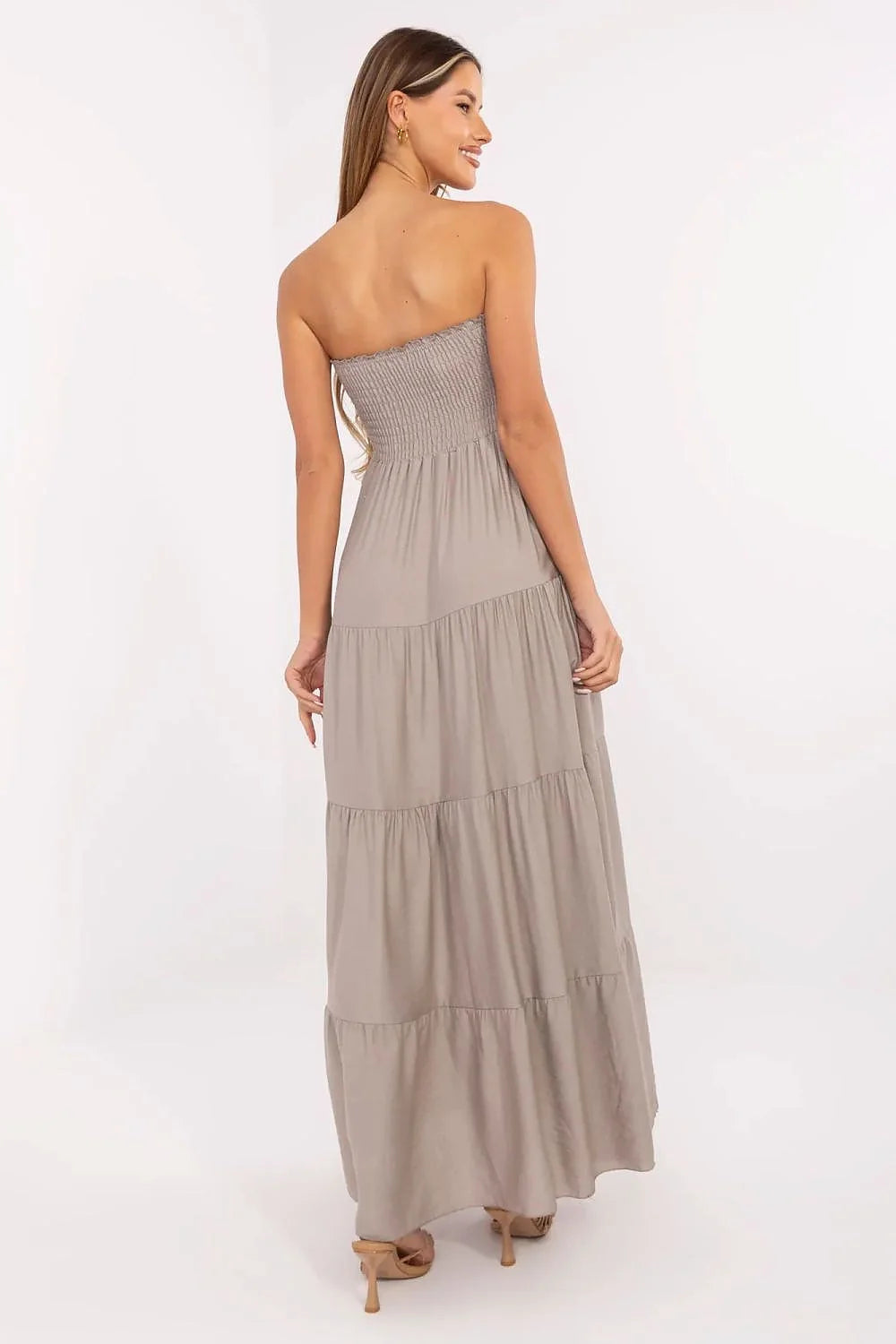 Robe d'été élégante sans manches bustier smocké taupe viscose lin femme