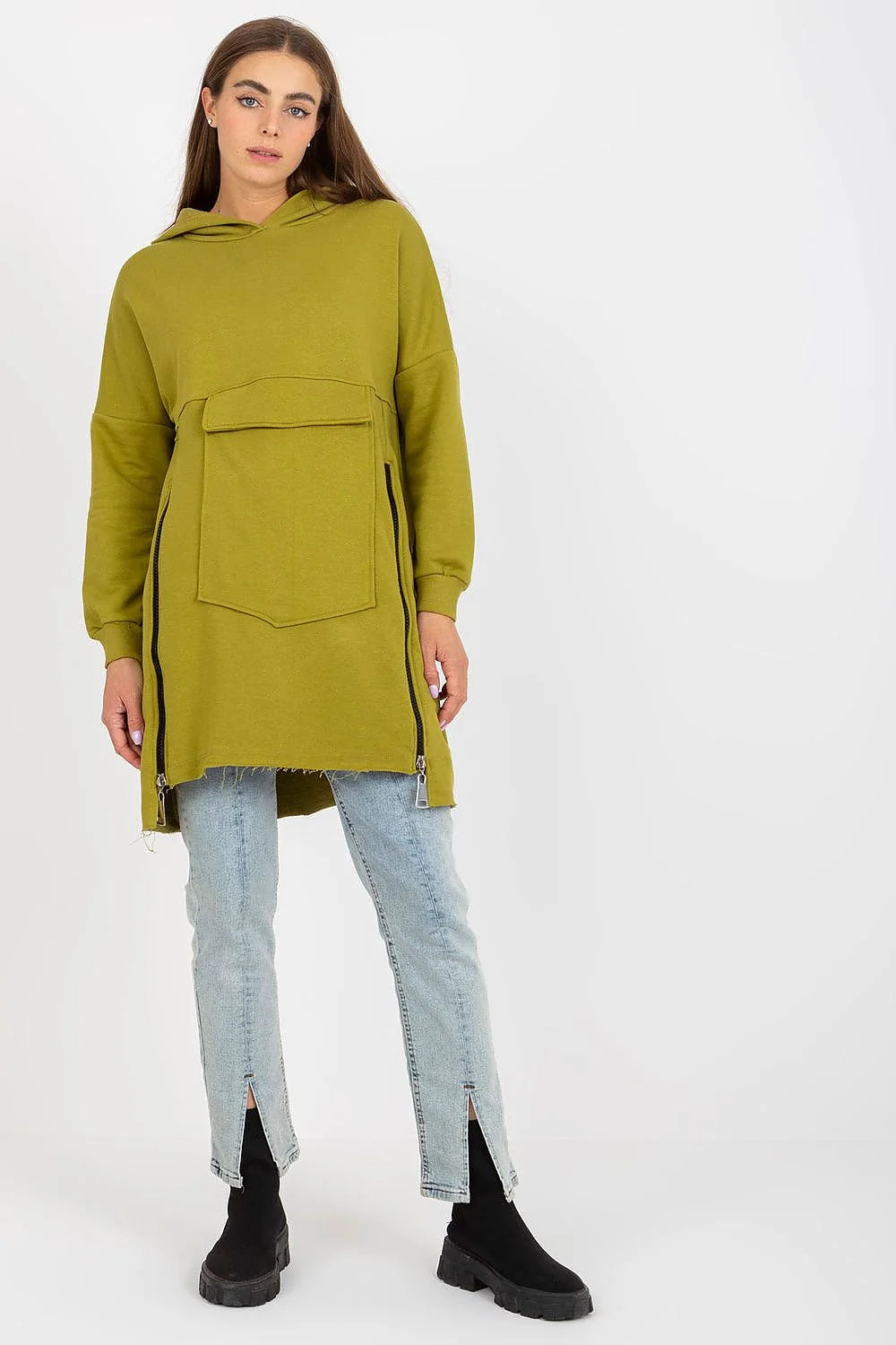 Robe pull femme style décontracté longue manches longues capuche poche kangourou coton vert émeraude