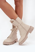 bottines rangers beige similicuir écologique doublure fourrure synthétique chaudes confortables zip latéral lacets semelle crantée talon bloc brodé doré