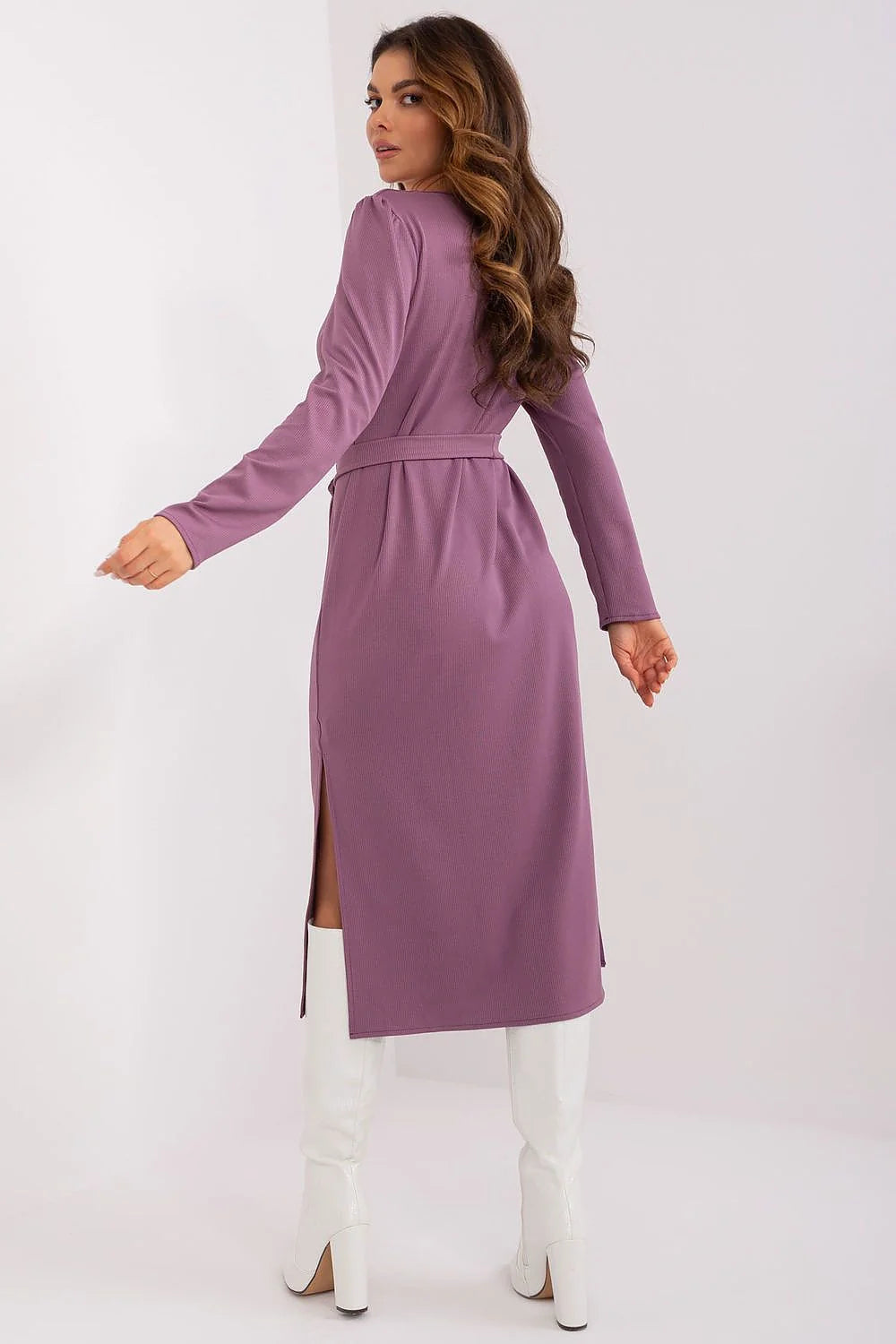 Robe de jour élégante Lakerta coupe droite manches longues encolure ronde ceinture tissu côtelé femme