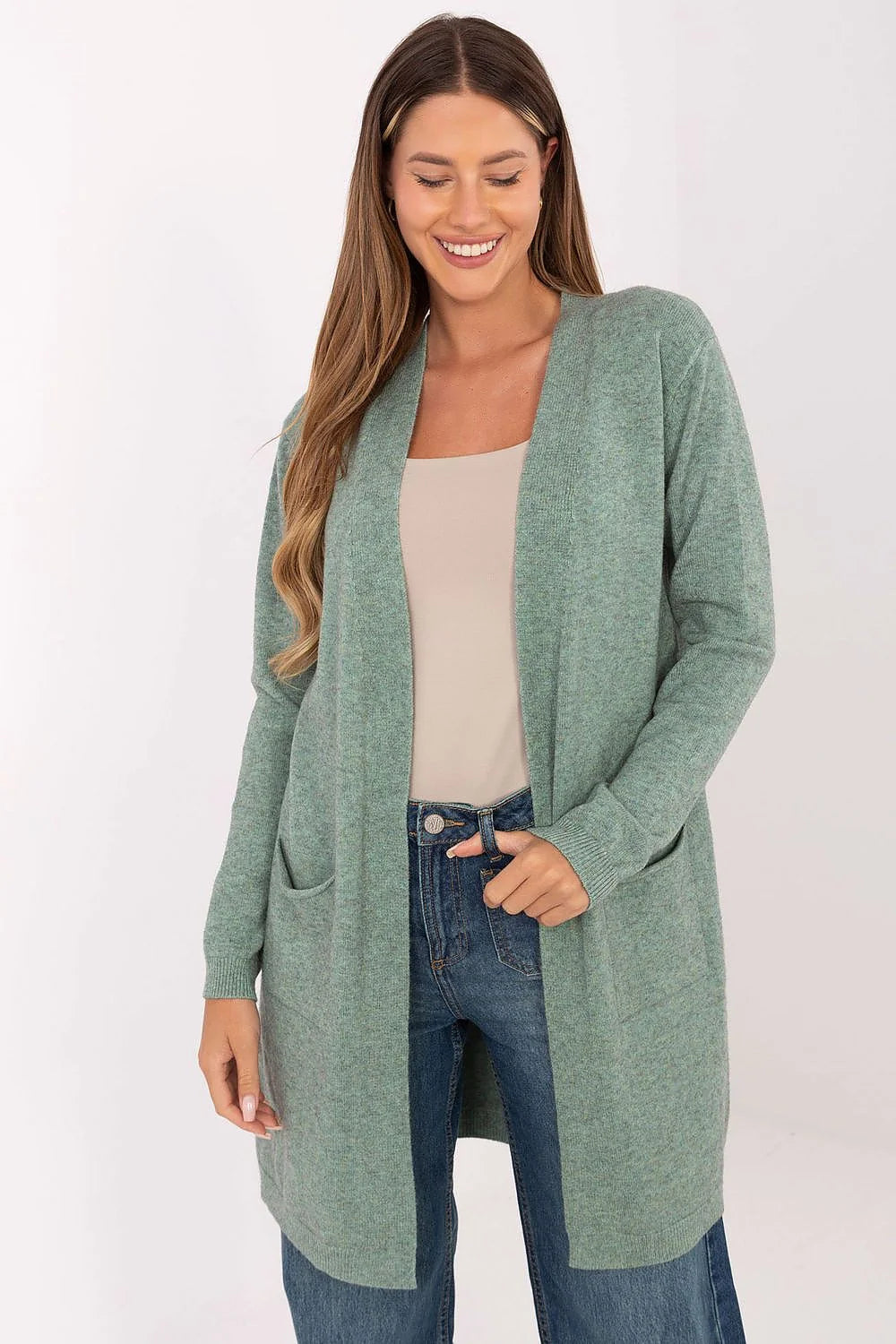 cardigan long femme ouvert gilet mi cuisse coupe droite décontractée manches longues poches plaquées maille douce vert sauge
