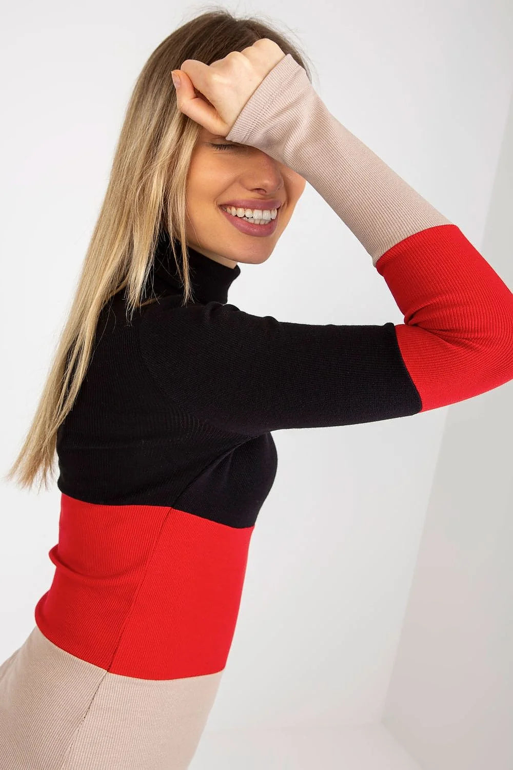Pull col roulé multicolore maille côtelée coton élasthanne bleu rose vert ajusté manches longues ourlets nets design moderne