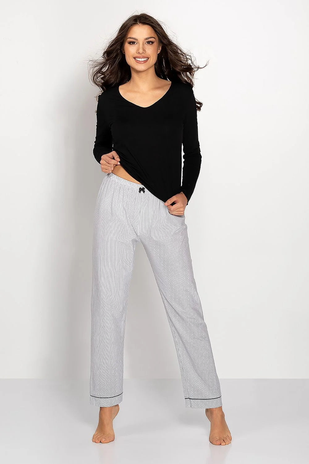 Pyjama femme chemisier pantalon longues V-neck rayures confort élégance coton viscose tailles