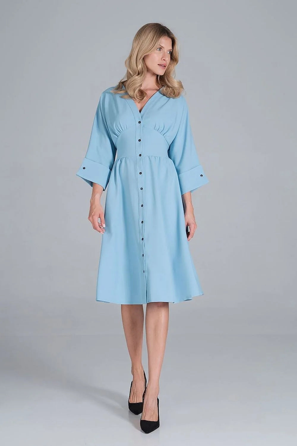 Robe midi polyester élégante rose vive manches trois-quarts boutons col V femme mode chic