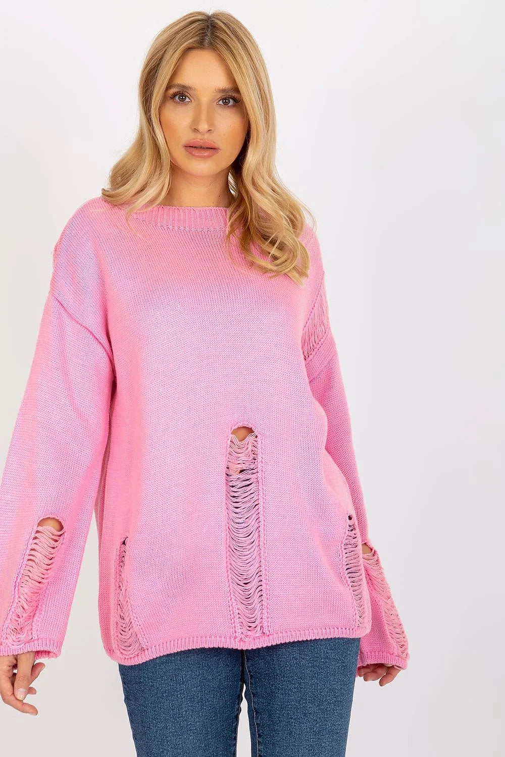 Pull féminin moderne Chandail Badu acrylique rose vif coupe ample détails distorsion manches longues femme
