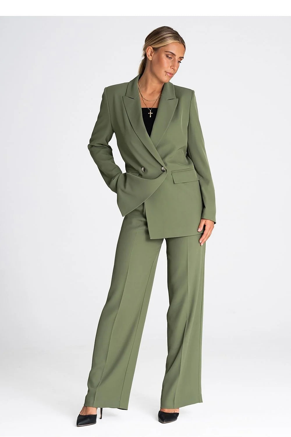 Tailleur femme élégant vert olive double boutonnage veste pantalon高定 coupe structurée occasion formelle