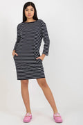 Robe femme Rue Paris manches longues coupe droite élégante casual tissu rayé coton elasthanne poches latérales noire blanche confortable