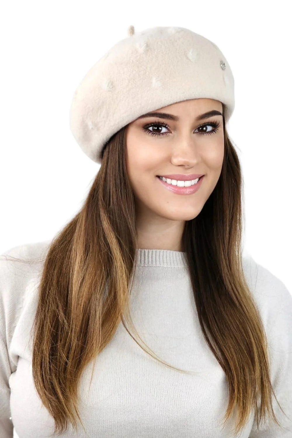 béret femme hiver chaud feutré polyester beige crème rond plat antenne sommitale strass ton bord resserré maintien confortable réglable chic