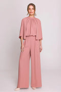 combinaison stylove élégante crêpe rose poudré manches amples col montant pantalon palazzo jambes larges taille haute tombé fluide silhouette structurée
