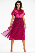 Robe de soirée élégante fuchsia satin tulle plissé taille élastiquée manches courtes femme occasion spéciale