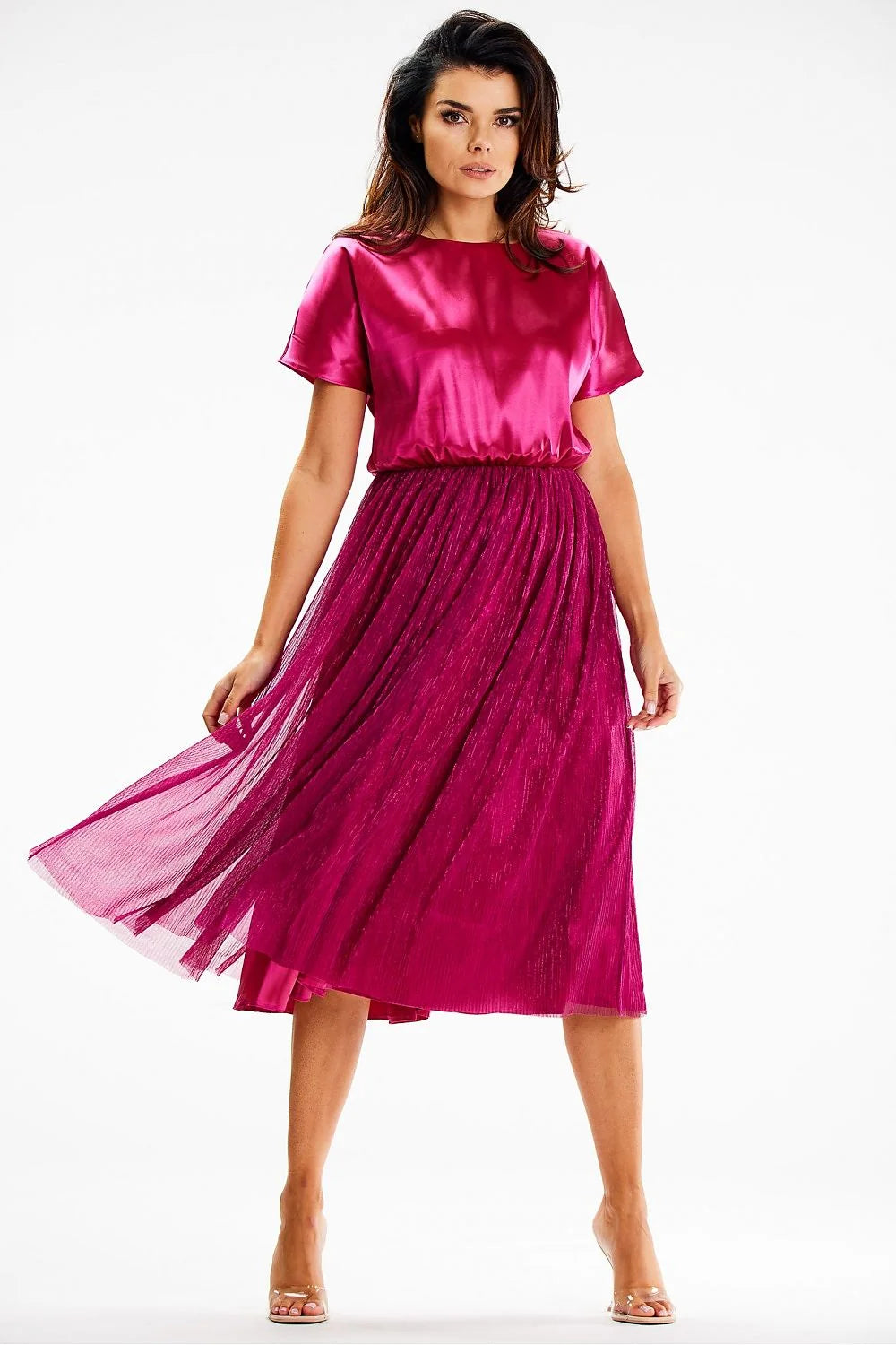 Robe de soirée élégante fuchsia satin tulle plissé taille élastiquée manches courtes femme occasion spéciale